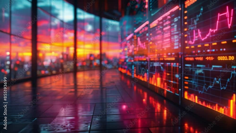 Poster a modern, sleek interior with a wall of digital data screens displaying graphs and charts. the view 