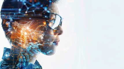 Portrait of a young woman wearing glasses with a double exposure effect of a circuit board.