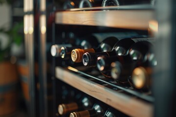 A row of wine bottles on a wooden shelf, with various labels and shapes