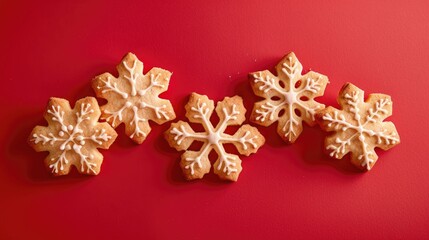 Five Christmas cookies shaped like snowflakes on a bright red backdrop