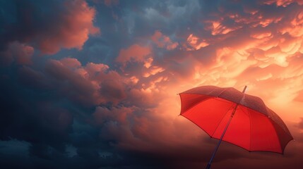 A red umbrella standing alone in front of a cloudy sky, perfect for weather or outdoor-themed images