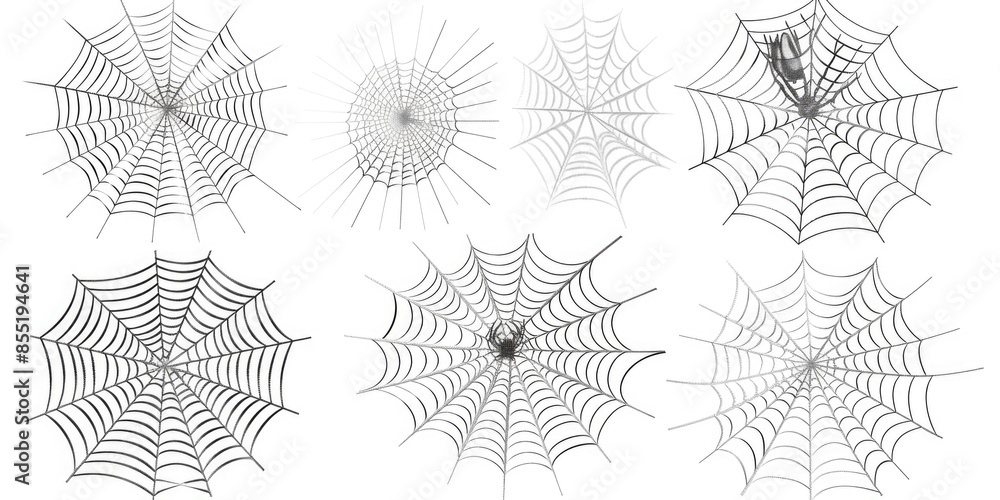 Poster close-up view of spider webs on a plain white surface, ideal for use in design and editorial project