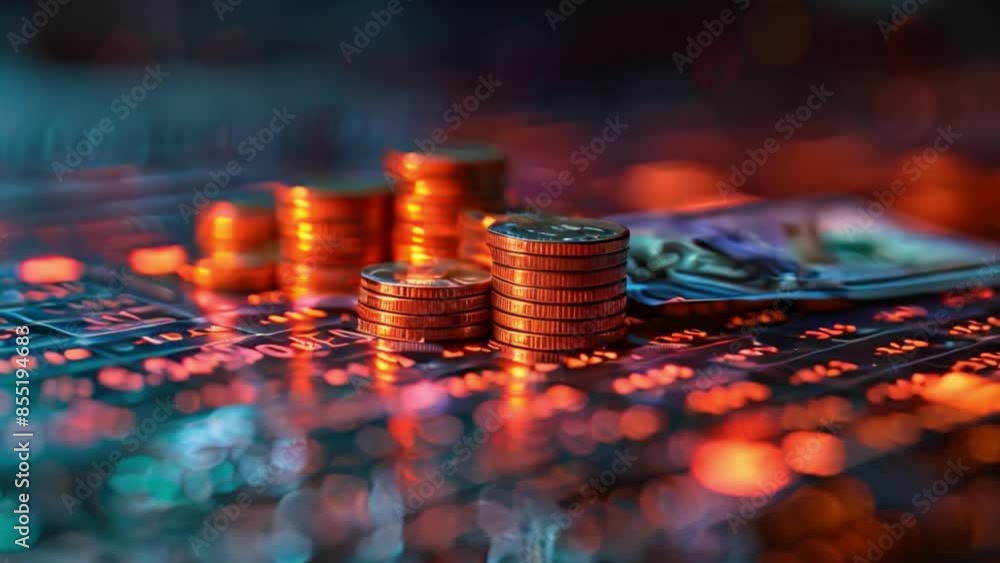 Poster a close-up image of a stack of gold coins sitting on a screen displaying stock market data.