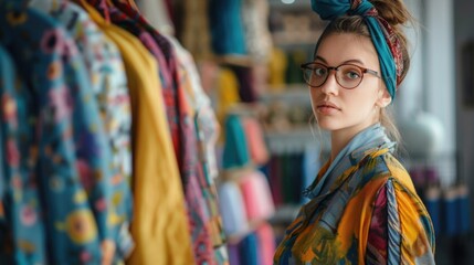 A person wearing glasses standing near a clothes rack