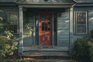 A blue house with a distinctive red front door