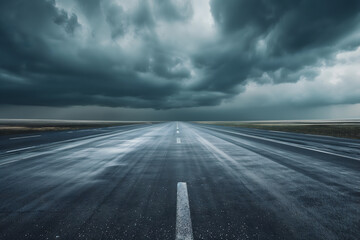 Fototapeta premium Dark road with stormy sky, long distance view. A wide highway leading into the horizon under dark clouds and lightning