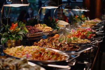 Obraz premium A colorful buffet with various dishes, perfect for events or parties