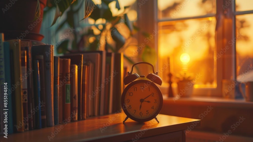 Poster a simple alarm clock sits on a table near a window, ready to sound off at the designated time