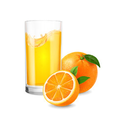 Orange fruit and drinking glass of orange juice isolated realistic on white background
