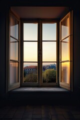 A cityscape viewed through an open window