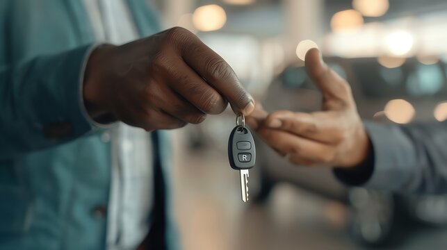 Close-up of one person handing over car keys to another in a dealership, representing car sales or purchase transaction.
