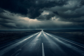 Dark road with stormy sky, long distance view. A wide highway leading into the horizon under dark clouds and lightning