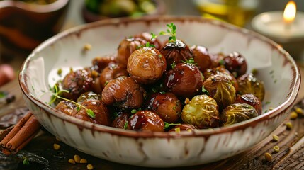 French cuisine. Chestnuts with Brussels sprouts. 