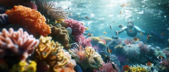 Fototapeta premium A marine biologist studying coral samples in an underwater 