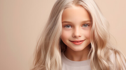 Naklejka premium Portrait of a chic cute beautiful blonde child girl with long white hair and perfect skin, creamy beige background, banner.