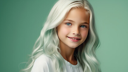 Fototapeta premium Portrait of a chic cute beautiful child girl blond with long white hair and perfect skin, light green background, banner.