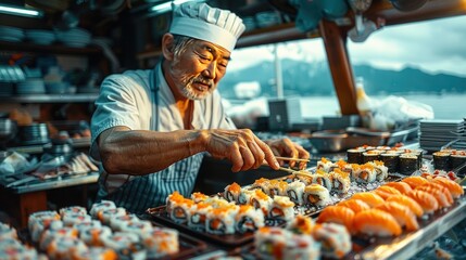 Japanese Chef Preparing Sushi on a Boat - Powered by Adobe