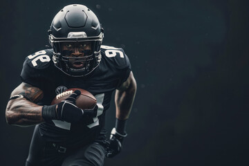 American football player in black uniform running with the ball, captured in an action shot against a dark background