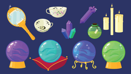 Set of witchcraft symbols in cartoon style. Vector illustration of magical elements: mirror with fangs,cups with coffee grounds, candles, crystals, potions, orbs on stands isolated on dark background.