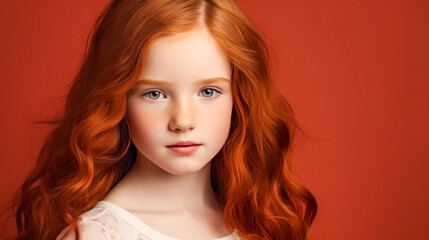 Fototapeta premium Portrait of a gorgeous cute smiling beautiful child girl with red hair and perfect skin, red background, banner.