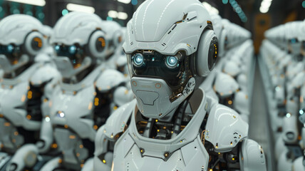 Fototapeta premium A futuristic classroom: robotic students, one puzzled human.generative ai