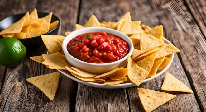 salsa and chips on a wooden table