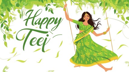illsuatrtion of indian festival hariyali teej means green teej .woman enjoy the festival with swing in monsoon on beautiful landscape backdrop..