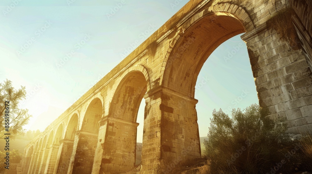 Poster image of a stone bridge with arched structure and lush green trees in the background