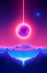 Cosmic fantastic abstract landscape poster background. Space cyberpunk and vaporwave style. Purple, red, blue bright colors. Abstract vertical banner. 80's graphic design style. AI artwork.