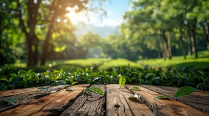 Wooden Table in a Lush Green Garden