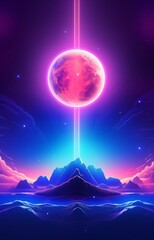 Fototapeta premium Cosmic fantastic abstract landscape poster background. Space cyberpunk and vaporwave style. Purple, red, blue bright colors. Abstract vertical banner. 80's graphic design style. AI artwork.