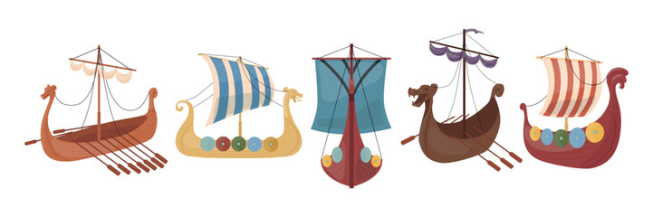 Set of vintage viking ships in cartoon style. Vector illustration of Scandinavian long wooden boats, with sails, oars isolated on white background. Drakar. Images of dragon heads on Viking ships.