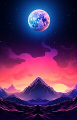 Cosmic fantastic abstract landscape poster background. Space cyberpunk and vaporwave style. Purple, red, blue bright colors. Abstract vertical banner. 80's graphic design style. AI artwork.