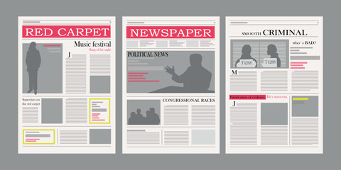 Set of modern newspapers in cartoon style. Vector illustration of news with inscriptions: superstars on the red carpet, music festival, political news, smooth criminal, isolated on gray background.