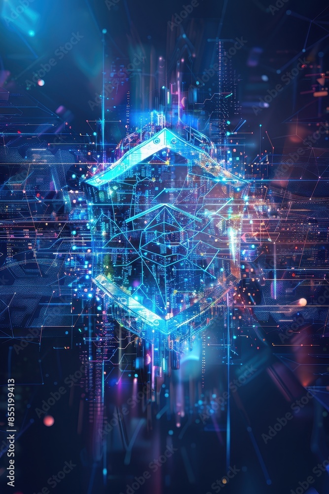 Poster cybersecurity with a visually compelling depiction featuring a digital shield emblem