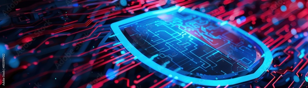 Poster cybersecurity with a visually compelling depiction featuring a digital shield emblem
