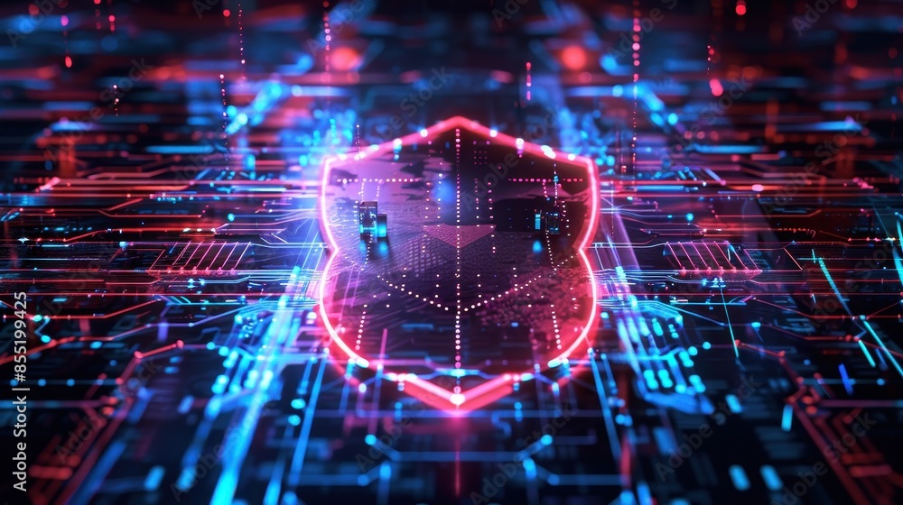 Poster cybersecurity with a visually compelling depiction featuring a digital shield emblem
