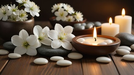 Fototapeta premium Tranquil spa scene with lit candles, smooth stones, and delicate white flowers on a wooden surface, creating a peaceful and calming ambiance.