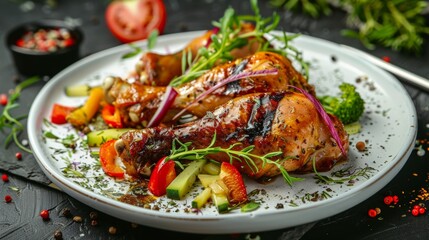 Fototapeta premium French cuisine. Chicken legs with vegetables.