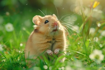 A small hamster stands upright on its hind legs in lush green grass