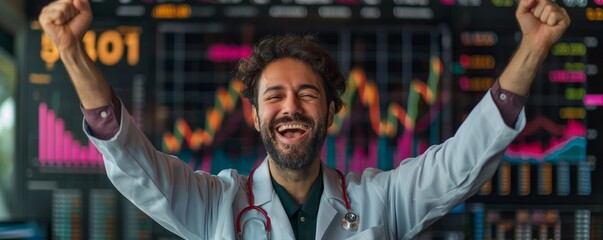 Elated male doctor with arms raised in victory in front of financial data screens displaying colorful graphs and charts