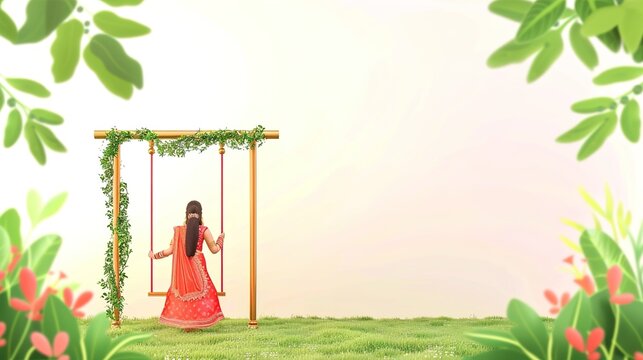 illsuatrtion of indian festival hariyali teej means green teej .woman enjoy the festival with swing in monsoon on beautiful landscape backdrop..