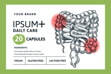 Intestine disease pain concept. Capsules or pills package, label, sticker, banner design template. Vector hand drawn sketch human bowel organs