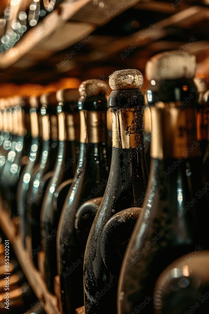 Poster a collection of wine bottles stored on a wooden shelf