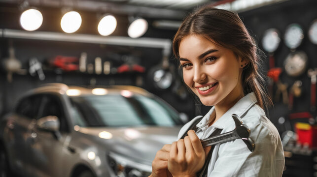 Smiling female mechanic holding a wrench in an auto repair shop with a car and tools in the background, highlighting women in skilled trades and automotive repair