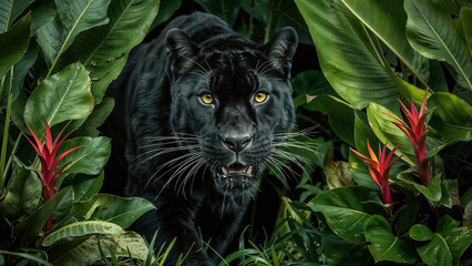 Wild Black Panther among tropical forest leaves and flowers.