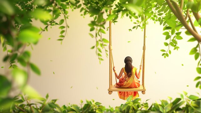 illsuatrtion of indian festival hariyali teej means green teej .woman enjoy the festival with swing in monsoon on beautiful landscape backdrop..