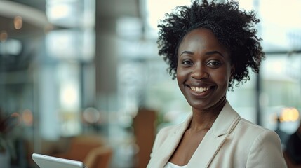 Obraz premium A Black Woman In An Office With A Tablet, Smiling, Demonstrating Leadership In A Business Meeting