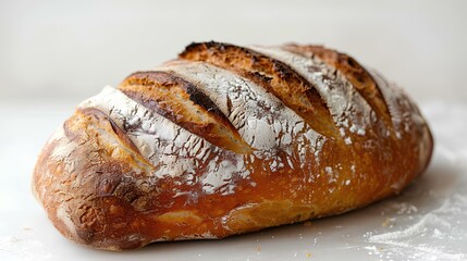 An artisan sourdough loaf with a crispy crust and flour-dusted surface.
