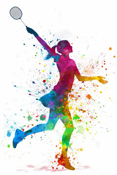 Colorful silhouette of a badminton player in action.